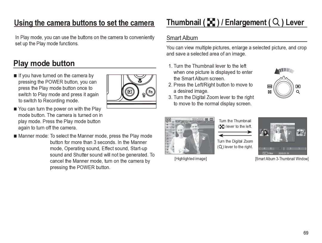 Samsung TL110 manual Play mode button, Thumbnail º / Enlargement í Lever, Smart Album 