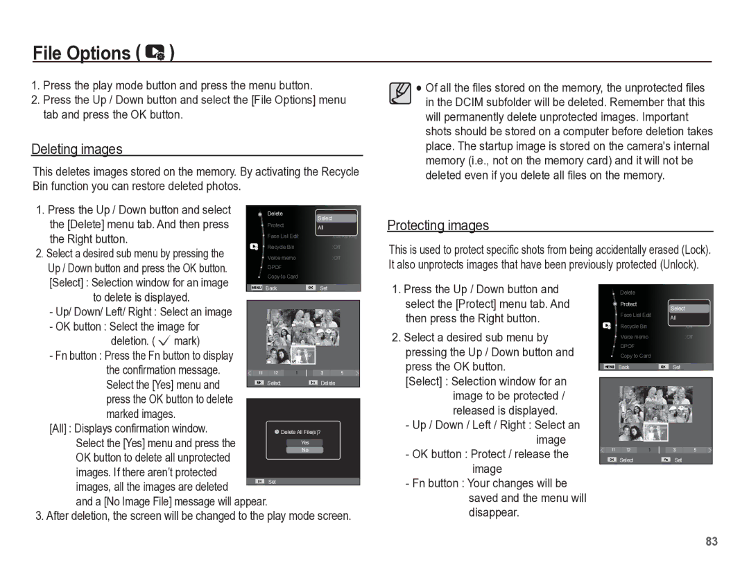 Samsung TL110 manual File Options, Deleting images, Protecting images 