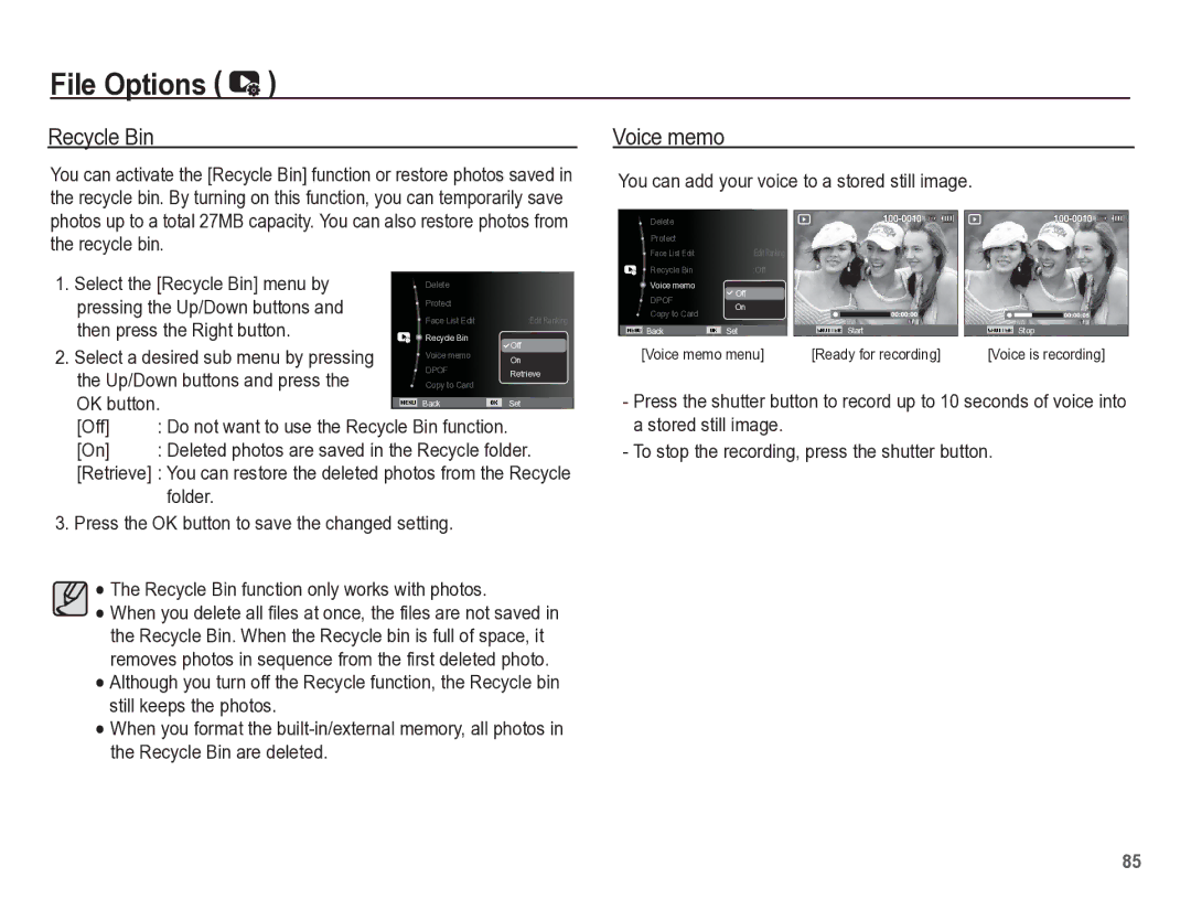 Samsung TL110 manual Recycle Bin, Then press the Right button, Up/Down buttons and press 