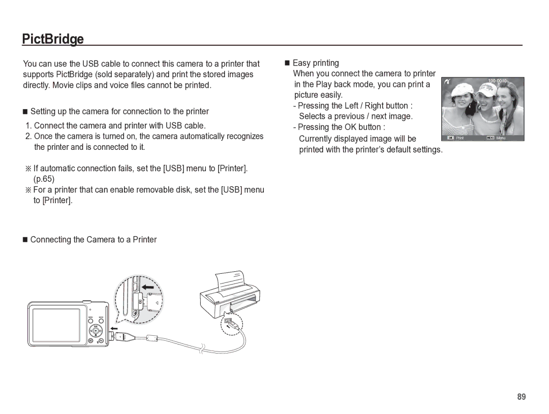 Samsung TL110 manual PictBridge, Pressing the OK button Currently displayed image will be 