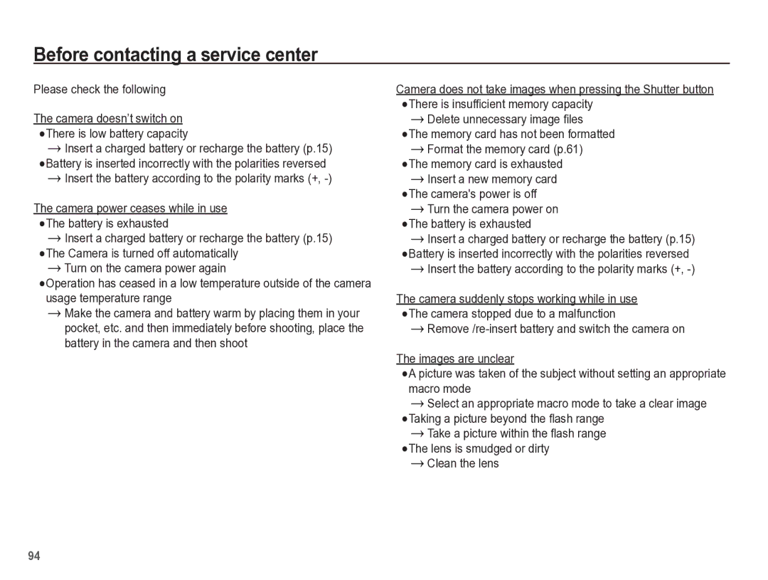 Samsung TL110 manual Before contacting a service center, Please check the following 