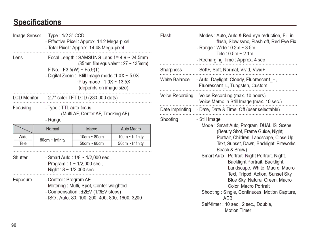 Samsung TL110 manual Specifications 