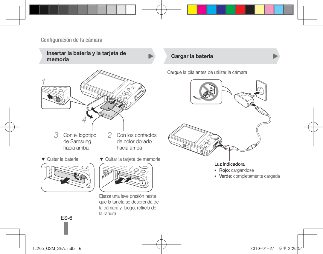 Samsung TL205 quick start manual ES-6, Cargue la pila antes de utilizar la cámara, Quitar la batería 