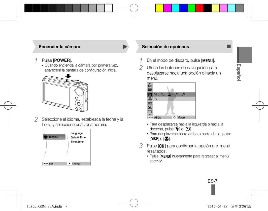 Samsung TL205 quick start manual ES-7, Pulse Power, En el modo de disparo, pulse m Menú 