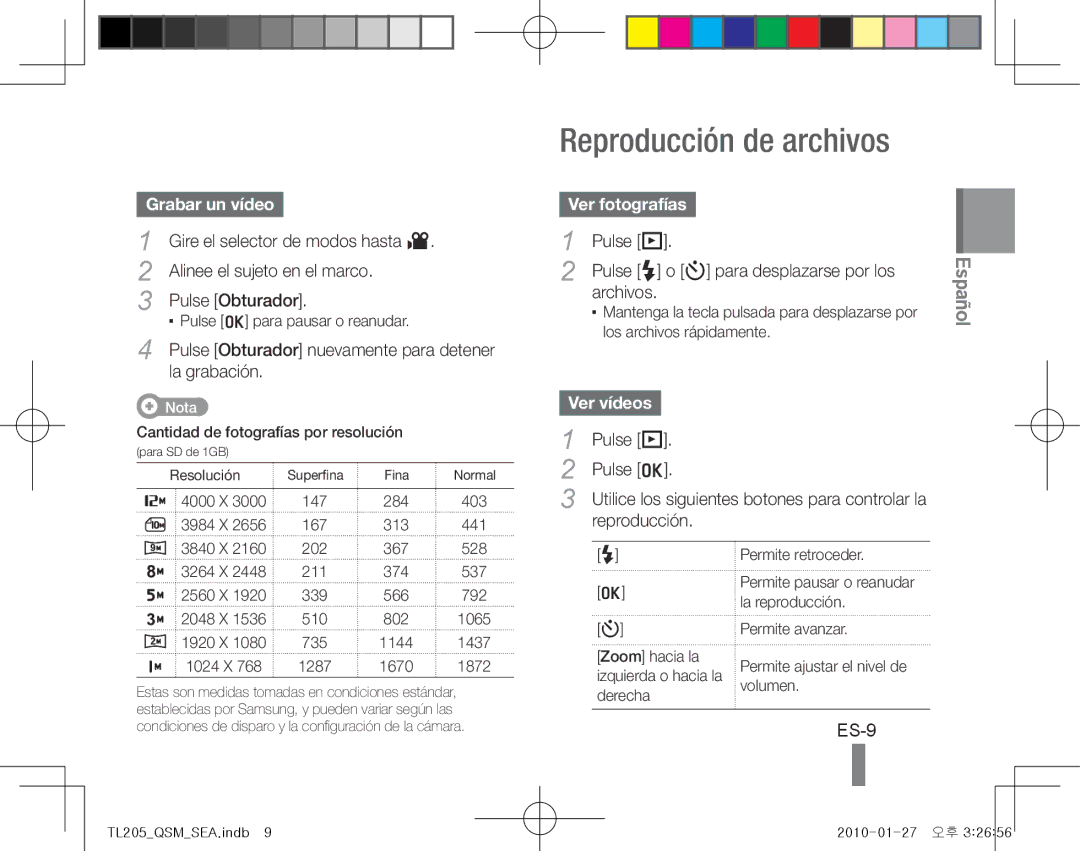 Samsung TL205 quick start manual Reproducción de archivos, ES-9, Grabar un vídeo, Ver fotografías, Ver vídeos 