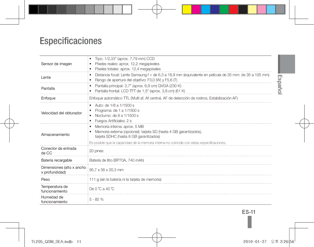 Samsung TL205 quick start manual Especificaciones, ES-11 