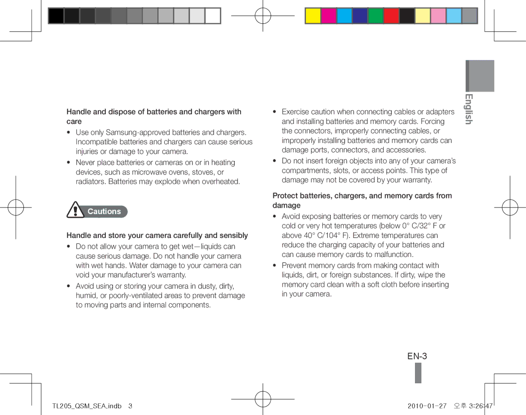 Samsung TL205 quick start manual EN-3, Protect batteries, chargers, and memory cards from damage 