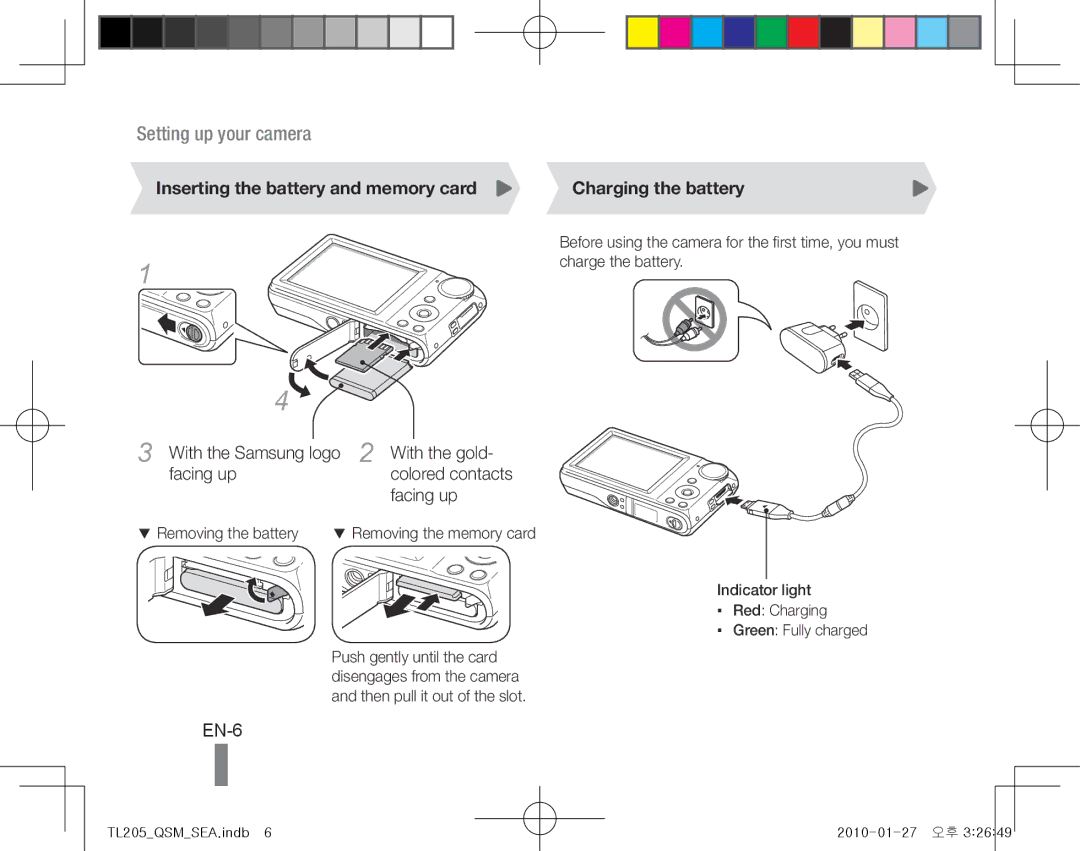 Samsung TL205 quick start manual EN-6, With the Samsung logo With the gold Facing up, Colored contacts 