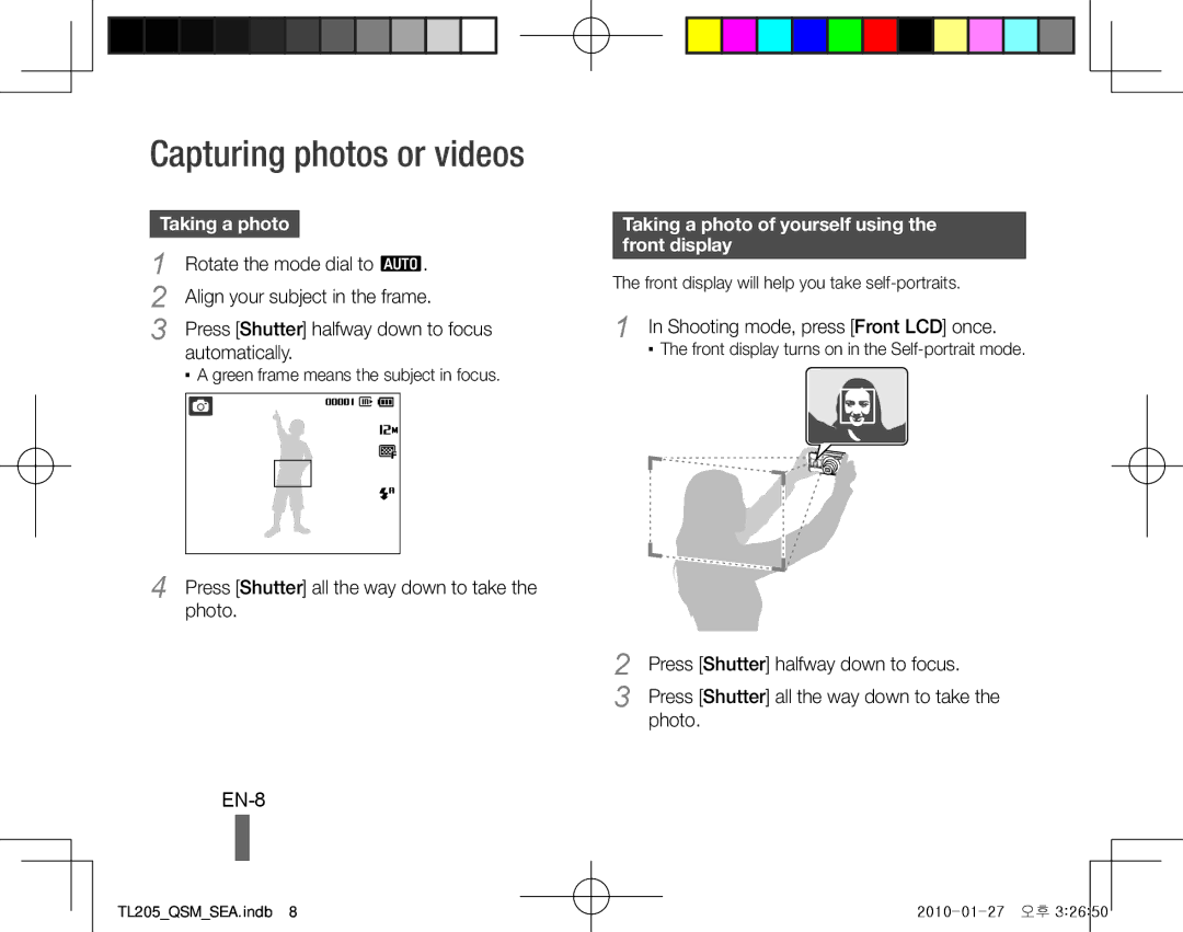 Samsung TL205 quick start manual Capturing photos or videos, EN-8, Taking a photo of yourself using the front display 