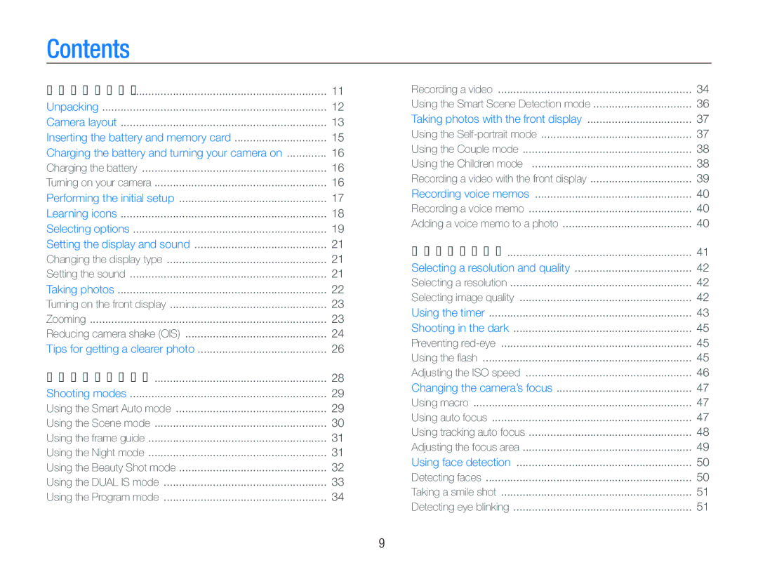 Samsung TL210 user manual Contents 