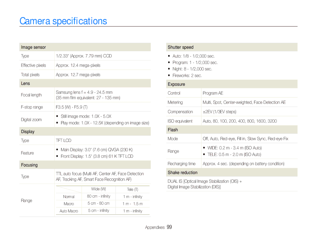 Samsung TL210 user manual Camera speciﬁcations 