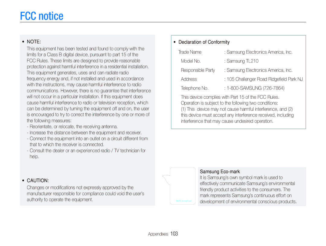 Samsung TL210 user manual FCC notice 