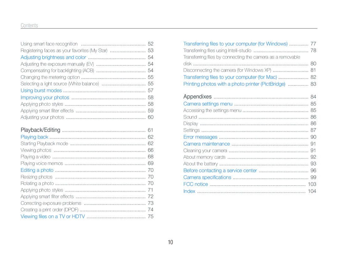 Samsung TL210 user manual Contents 