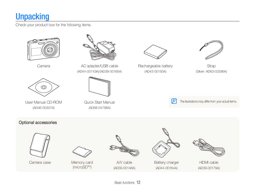 Samsung TL210 Unpacking, Optional accessories, Check your product box for the following items Camera, Camera case 