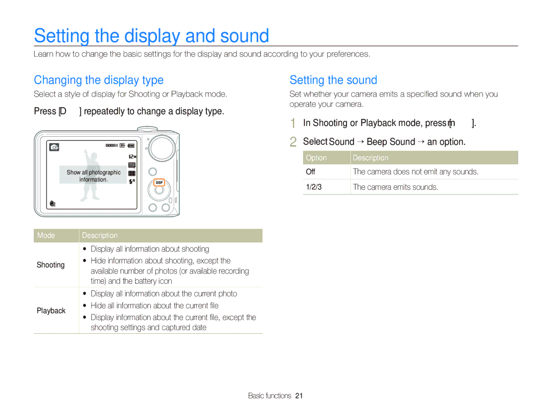 Samsung TL210 user manual Setting the display and sound, Changing the display type, Setting the sound 