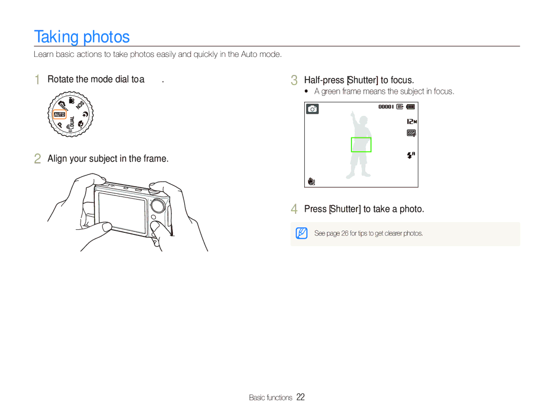 Samsung TL210 user manual Taking photos, Press Shutter to take a photo 