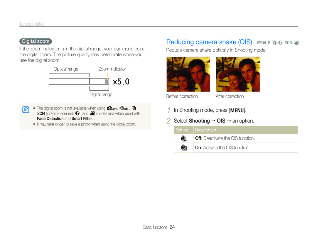 Samsung TL210 user manual Reducing camera shake OIS a p b N s, Digital zoom, Digital range 