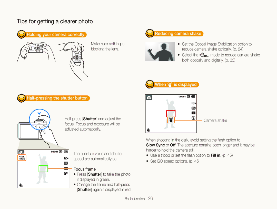 Samsung TL210 Holding your camera correctly, Half-pressing the shutter button, Reducing camera shake, When H is displayed 