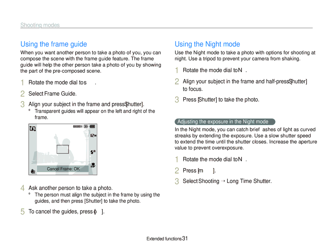 Samsung TL210 user manual Using the frame guide, Using the Night mode, Ask another person to take a photo 