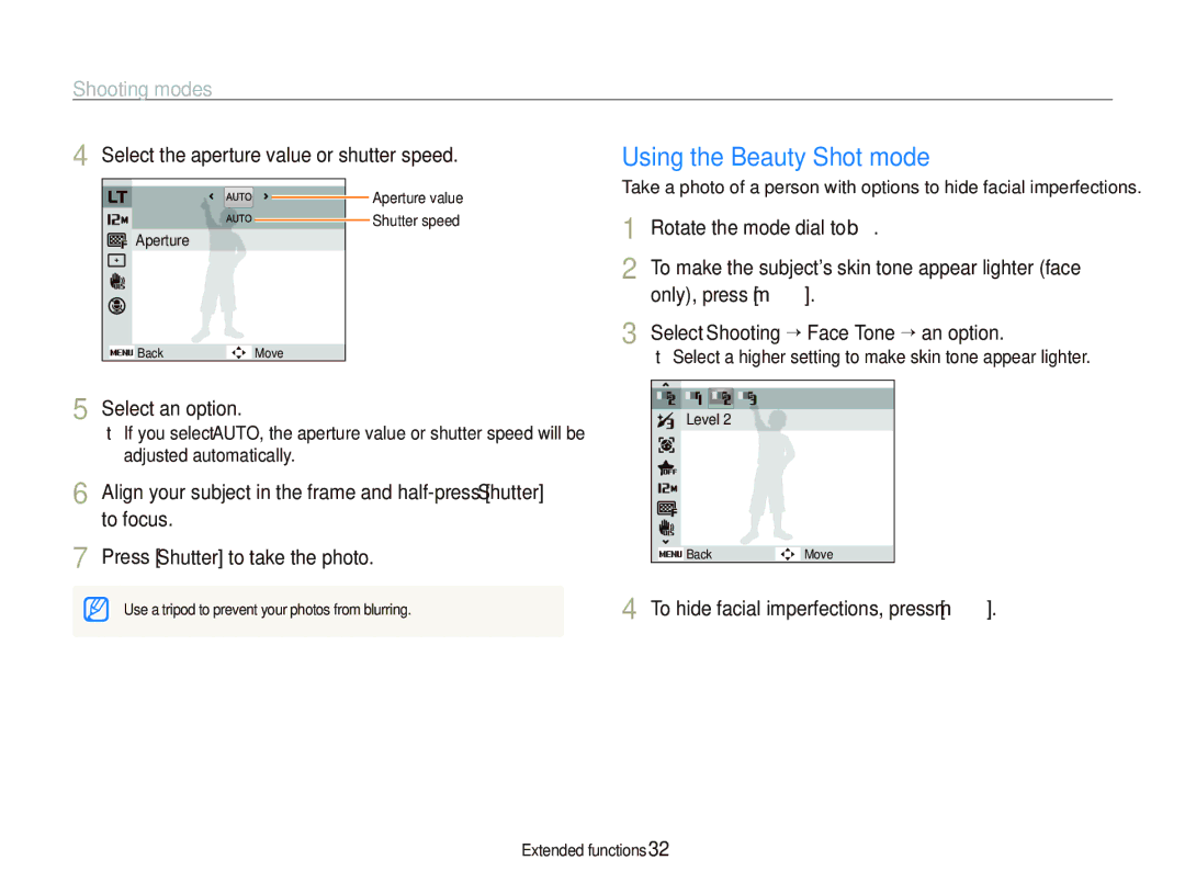 Samsung TL210 user manual Using the Beauty Shot mode, Select the aperture value or shutter speed, Select an option 