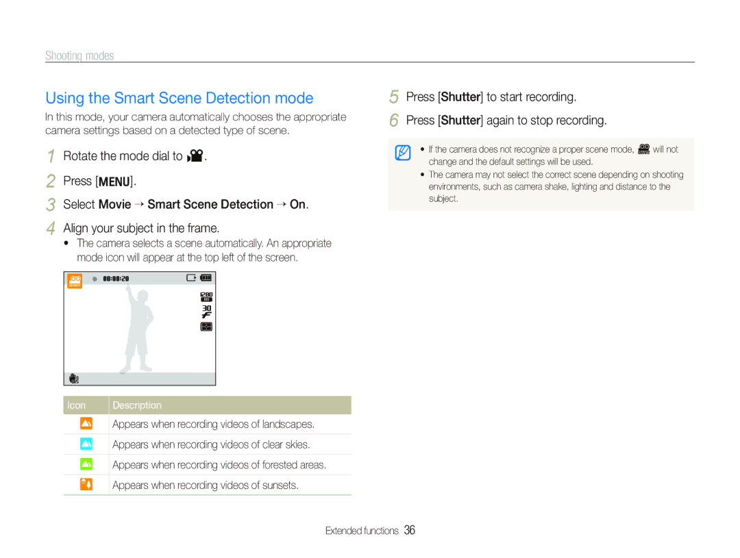 Samsung TL210 user manual Using the Smart Scene Detection mode, Icon Description 