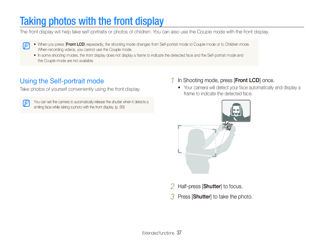 Samsung TL210 Taking photos with the front display, Using the Self-portrait mode, Shooting mode, press Front LCD once 