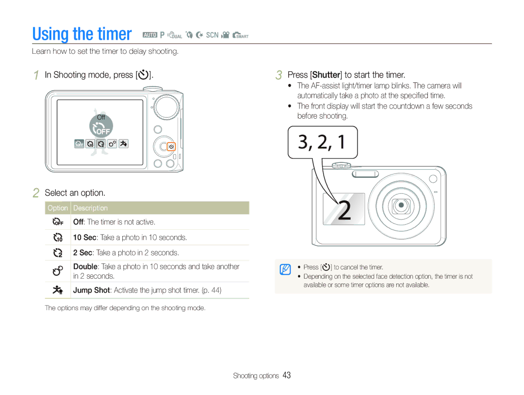 Samsung TL210 user manual Using the timer a p d b N s v S, Shooting mode, press t, Press Shutter to start the timer 