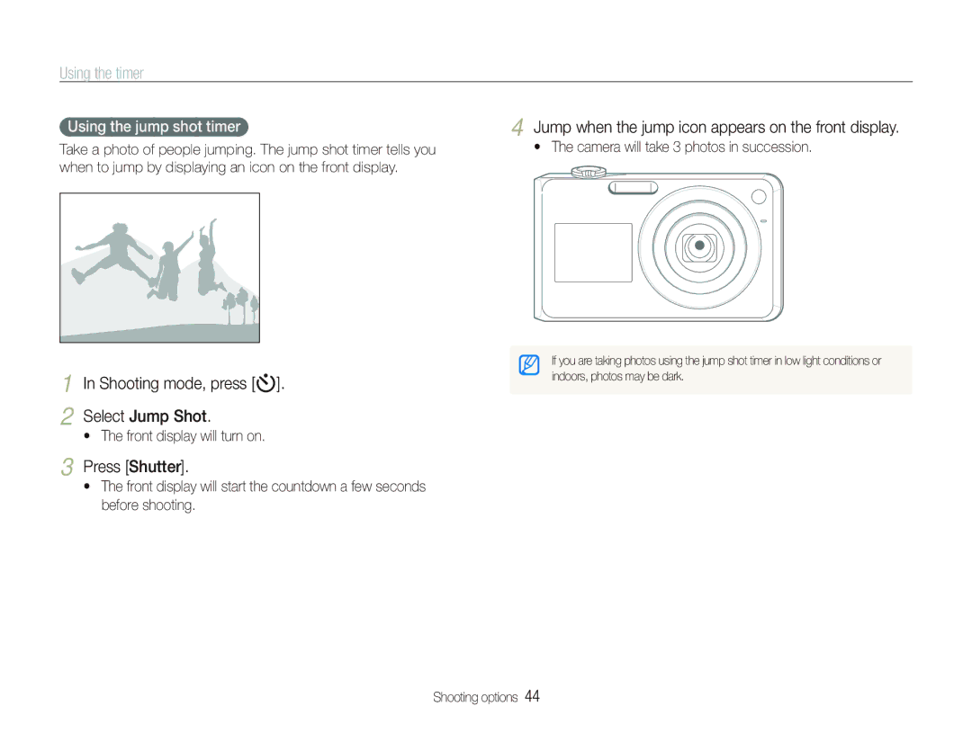 Samsung TL210 user manual Using the timer, Jump when the jump icon appears on the front display, Press Shutter 