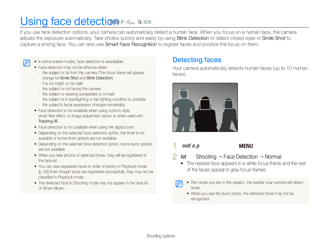 Samsung TL210 user manual Using face detection a p d b s, Detecting faces 