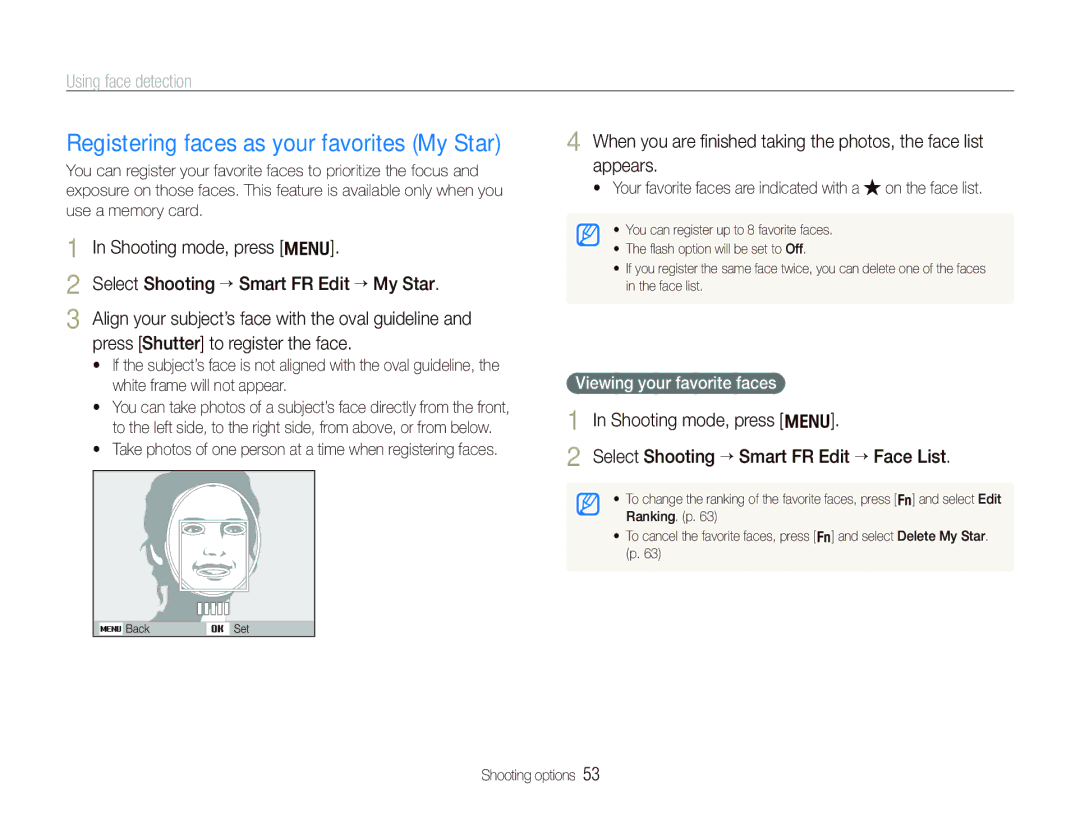 Samsung TL210 user manual Registering faces as your favorites My Star, Select Shooting “ Smart FR Edit “ My Star 