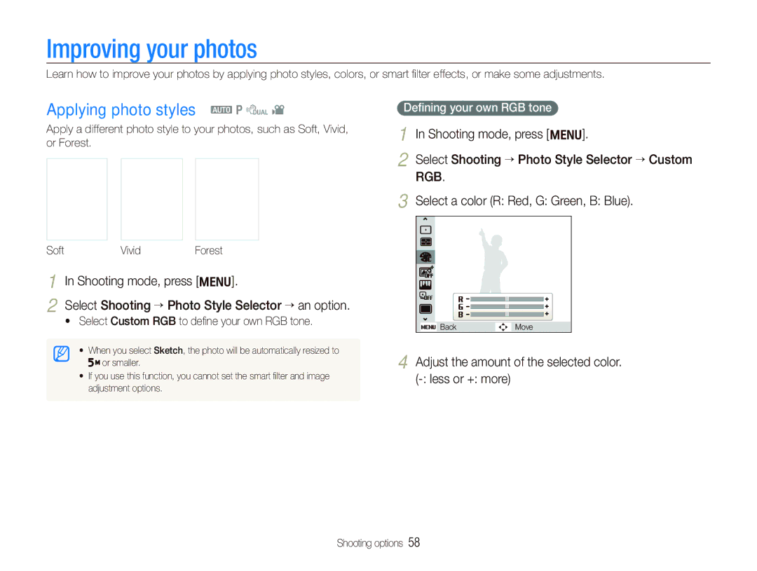 Samsung TL210 Improving your photos, Applying photo styles a p d, Adjust the amount of the selected color. less or + more 