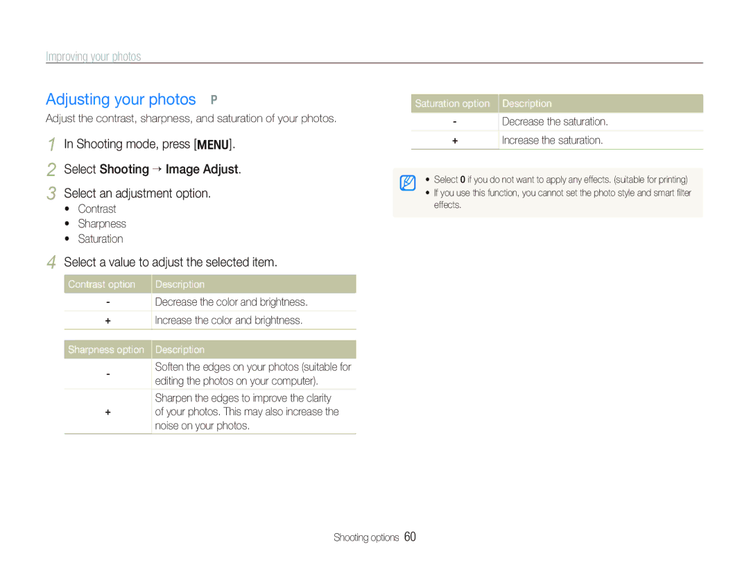 Samsung TL210 Adjusting your photos p, Select a value to adjust the selected item, Saturation option Description 