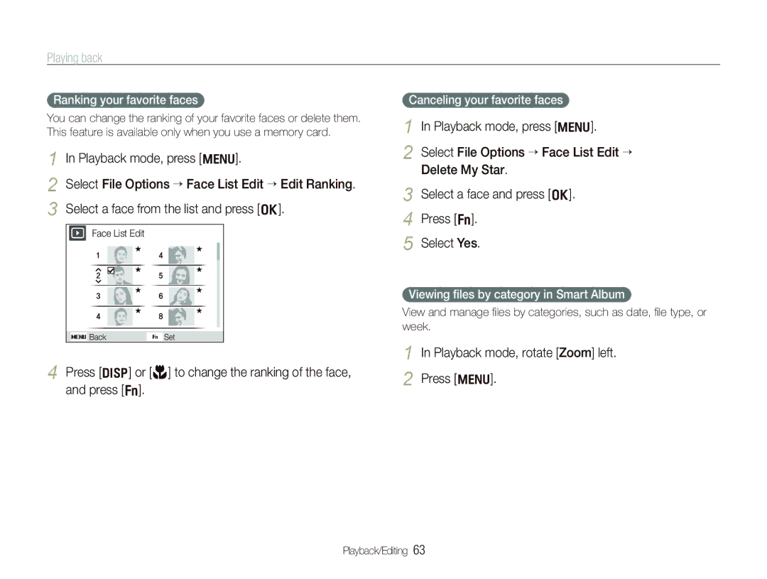 Samsung TL210 user manual Playing back, Playback mode, press m, Select a face from the list and press o 