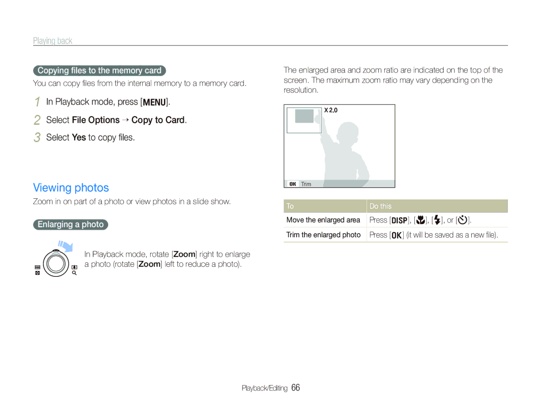 Samsung TL210 user manual Viewing photos, Copying ﬁles to the memory card, Enlarging a photo 