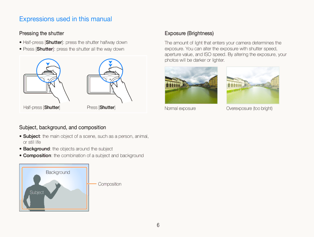 Samsung TL210 user manual Expressions used in this manual, Pressing the shutter, Subject, background, and composition 