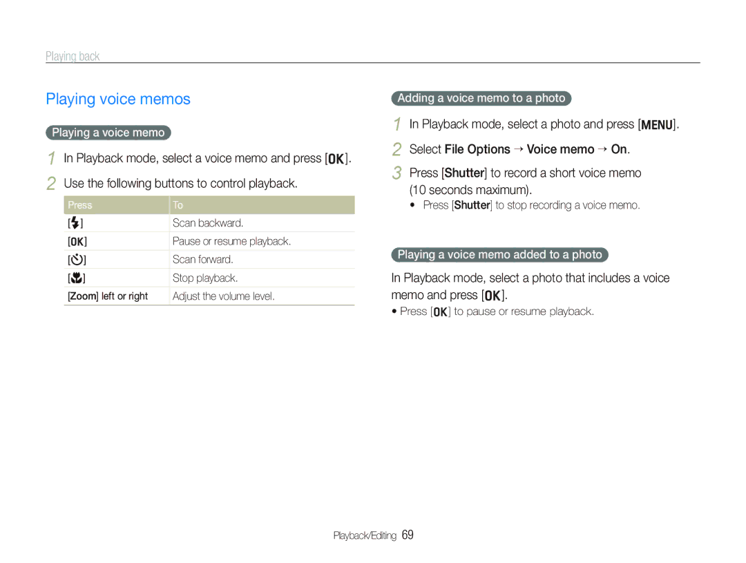 Samsung TL210 user manual Playing voice memos, Playing a voice memo, Adding a voice memo to a photo 