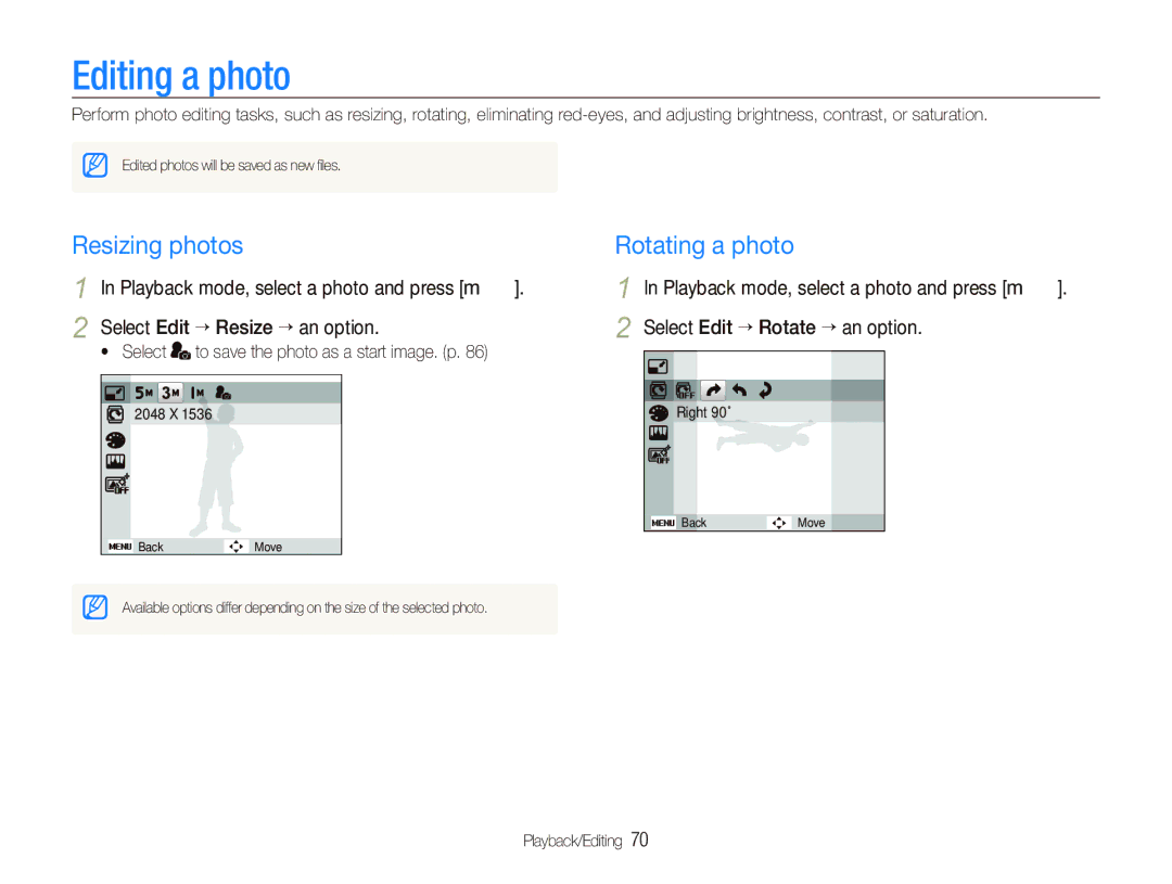 Samsung TL210 user manual Editing a photo, Resizing photos, Rotating a photo 