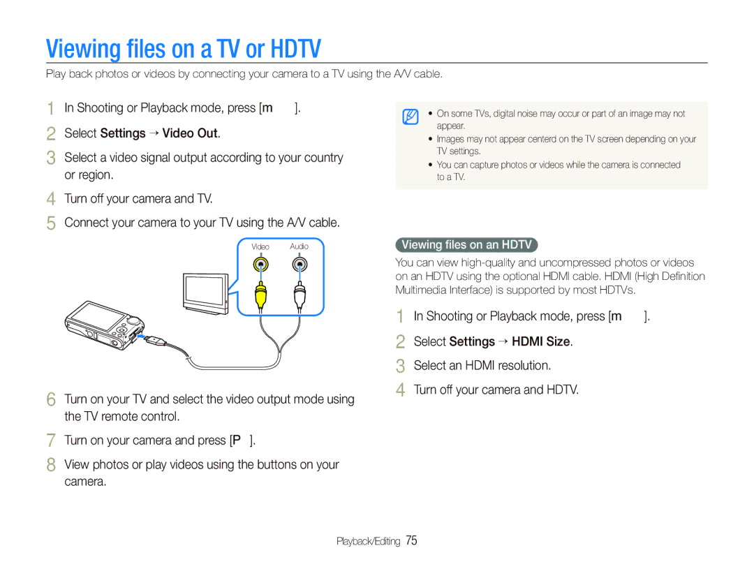 Samsung TL210 user manual Viewing ﬁles on a TV or Hdtv, Viewing ﬁles on an Hdtv 