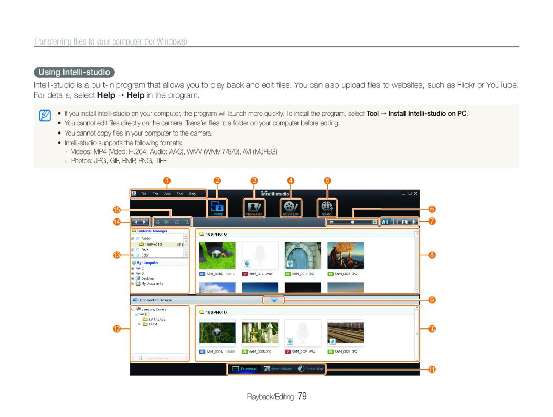 Samsung TL210 user manual Transferring ﬁles to your computer for Windows, Using Intelli-studio 