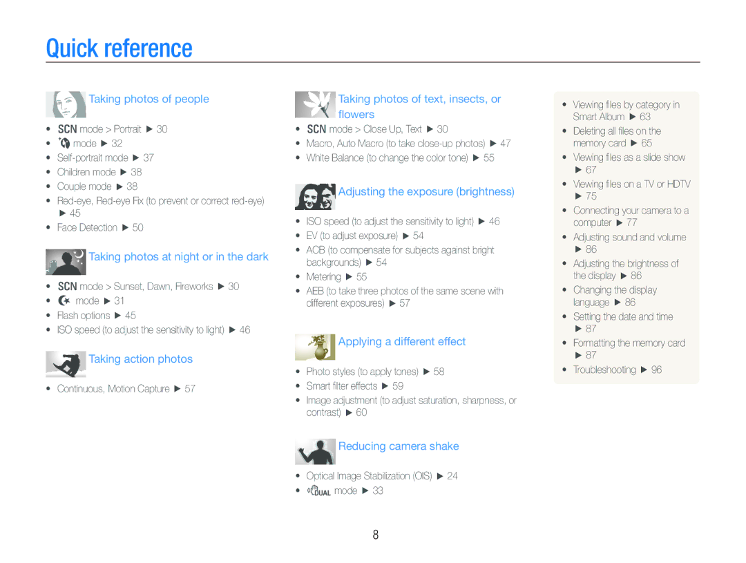 Samsung TL210 user manual Quick reference, Taking photos of people 