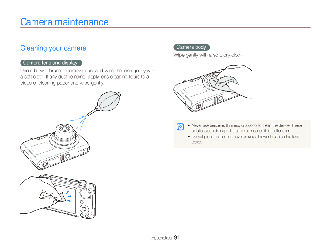 Samsung TL210 user manual Camera maintenance, Cleaning your camera, Camera lens and display, Camera body 