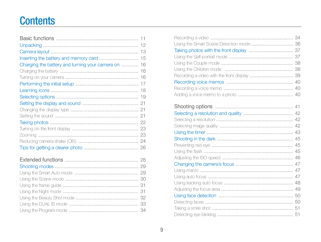 Samsung TL210 user manual Contents 