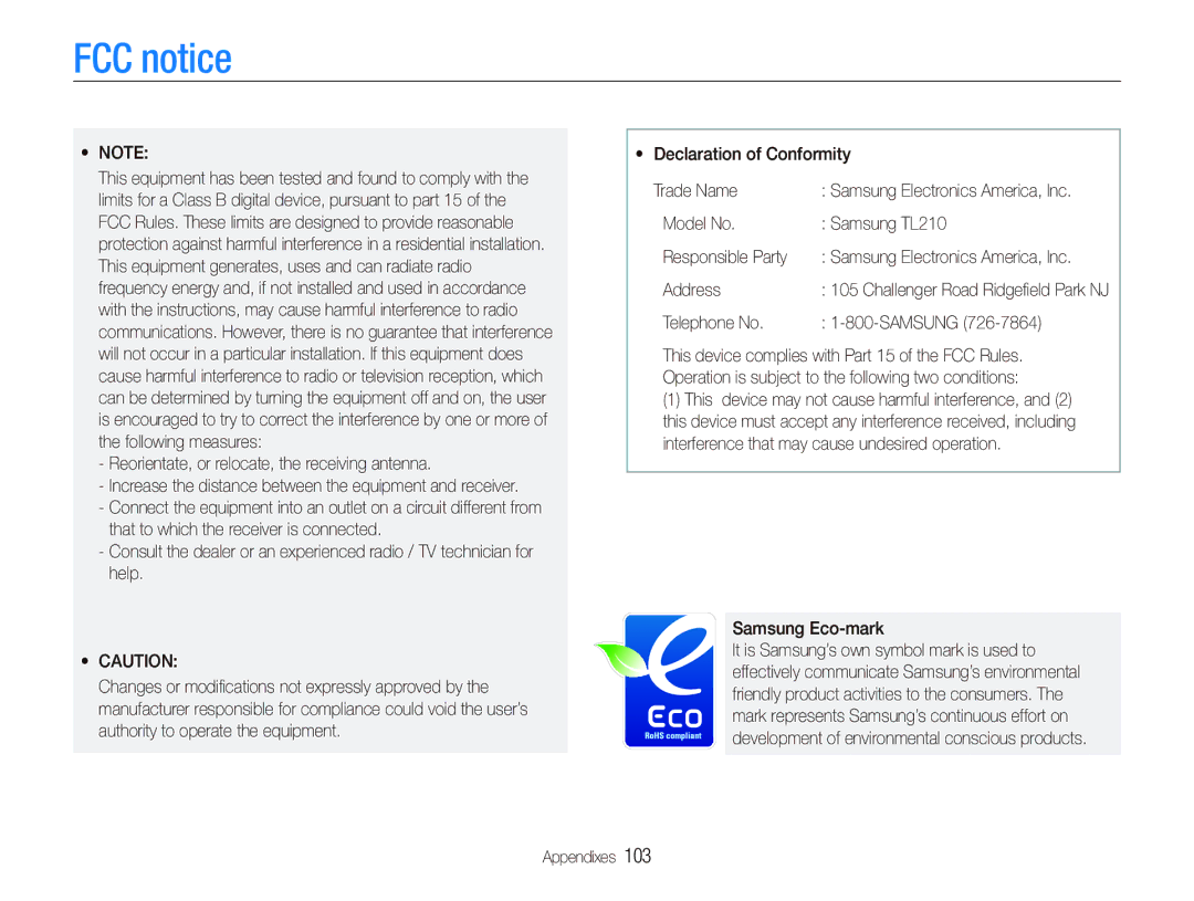 Samsung TL210 user manual FCC notice 