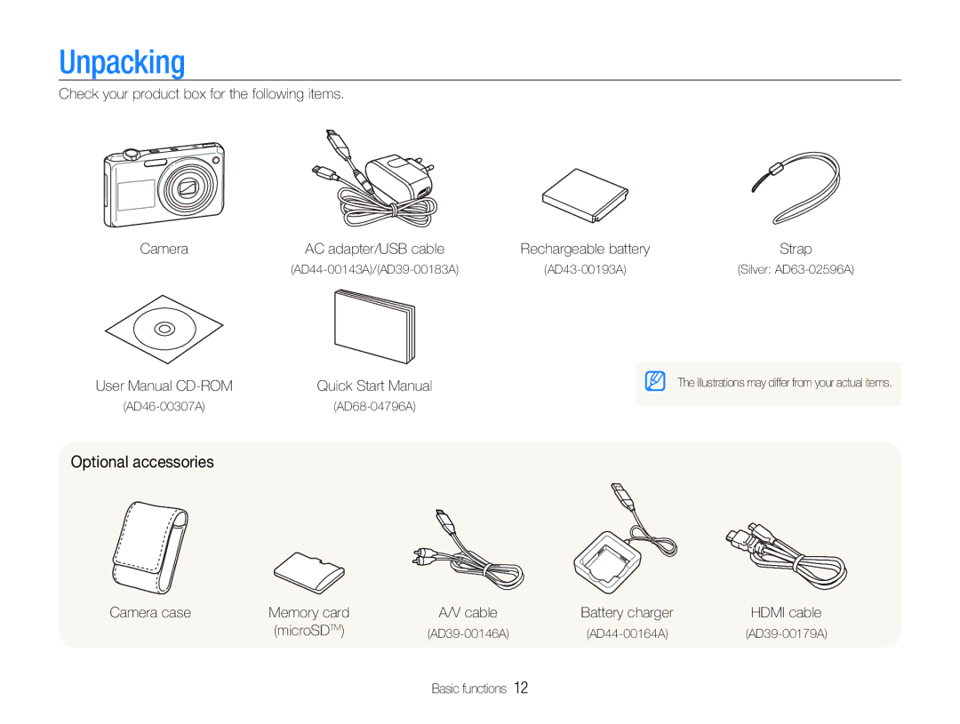 Samsung TL210 Unpacking, Optional accessories, Check your product box for the following items Camera, Camera case 