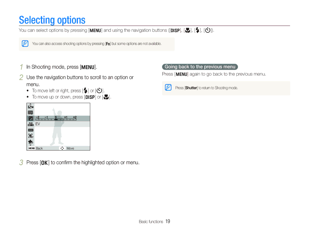 Samsung TL210 user manual Shooting mode, press m, Use the navigation buttons to scroll to an option or, Menu 