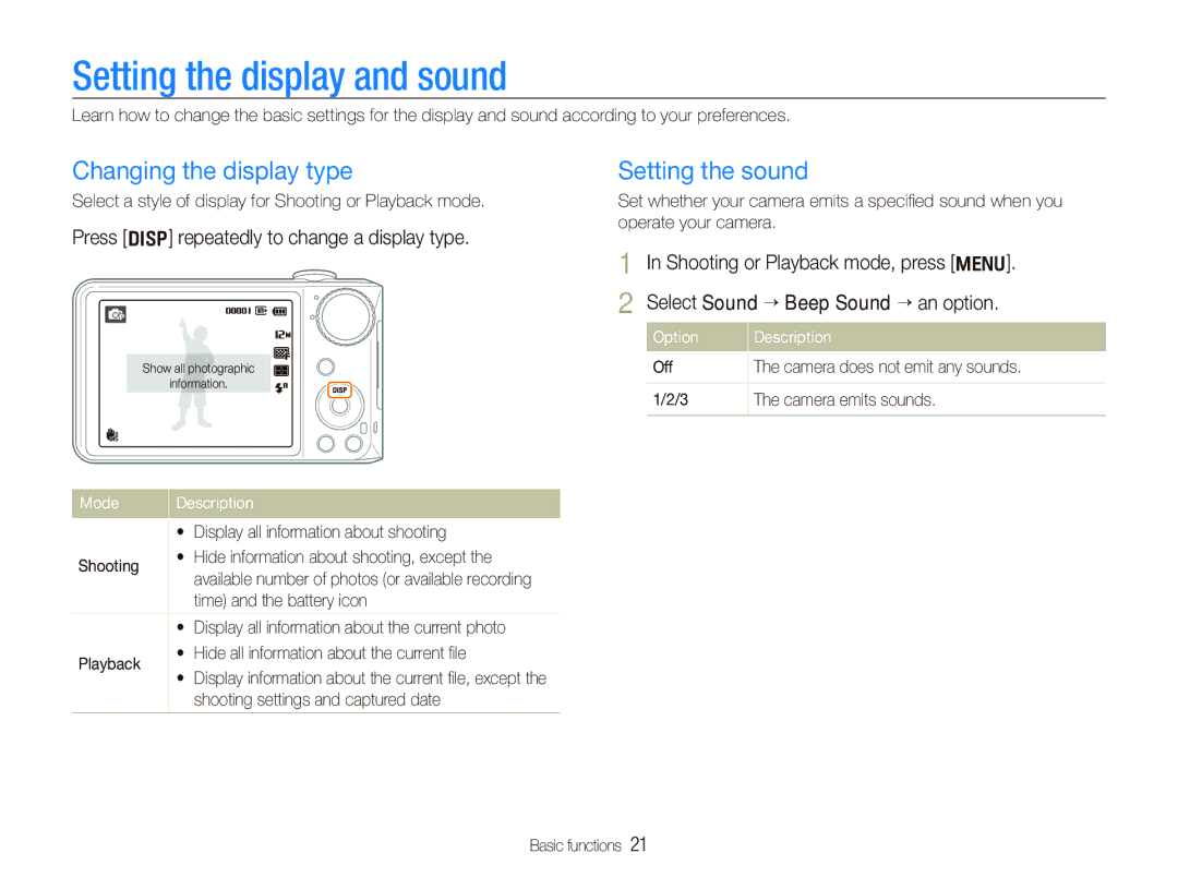 Samsung TL210 user manual Setting the display and sound, Changing the display type, Setting the sound 