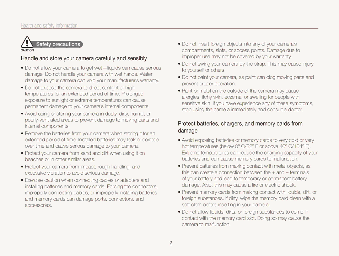 Samsung TL210 Health and safety information, Handle and store your camera carefully and sensibly, Safety precautions 