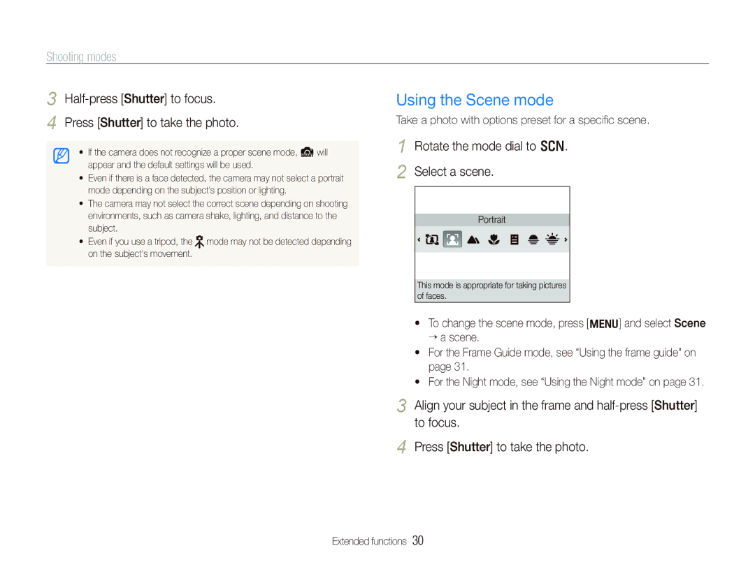 Samsung TL210 user manual Using the Scene mode, Shooting modes, Half-press Shutter to focus Press Shutter to take the photo 