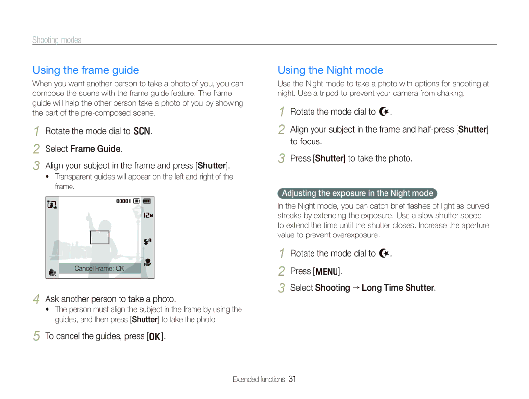 Samsung TL210 user manual Using the frame guide, Using the Night mode, Ask another person to take a photo 