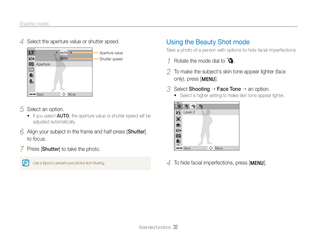 Samsung TL210 user manual Using the Beauty Shot mode, Select the aperture value or shutter speed, Select an option 